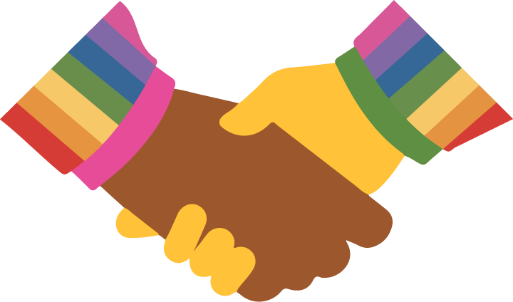 Two hands shaking in rainbow sleeves — the golden rule in action